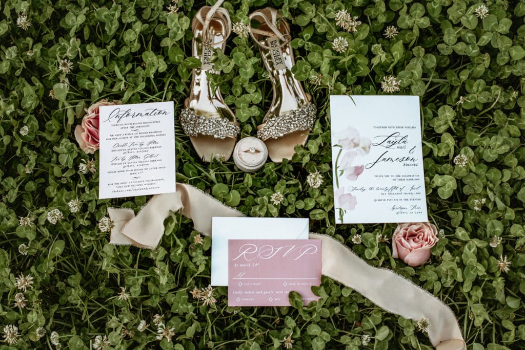 Wedding details surrounded by a field of clovers for an Agritopia Farm wedding