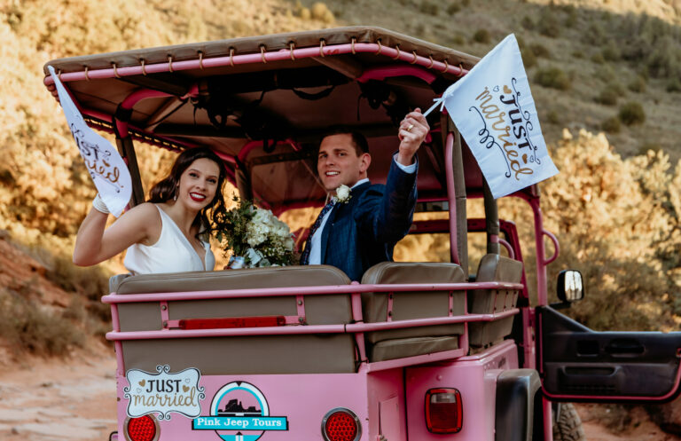 Pink Jeep Tour Sedona Wedding with Family and Flower Pup