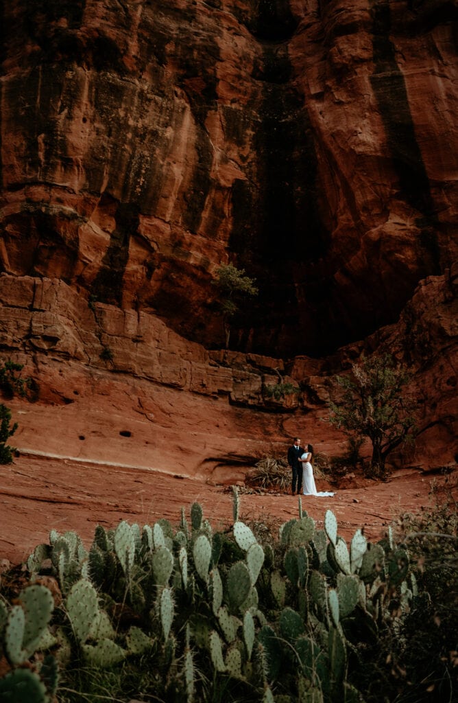 Bride and groom surrounded by red rocks and cacti