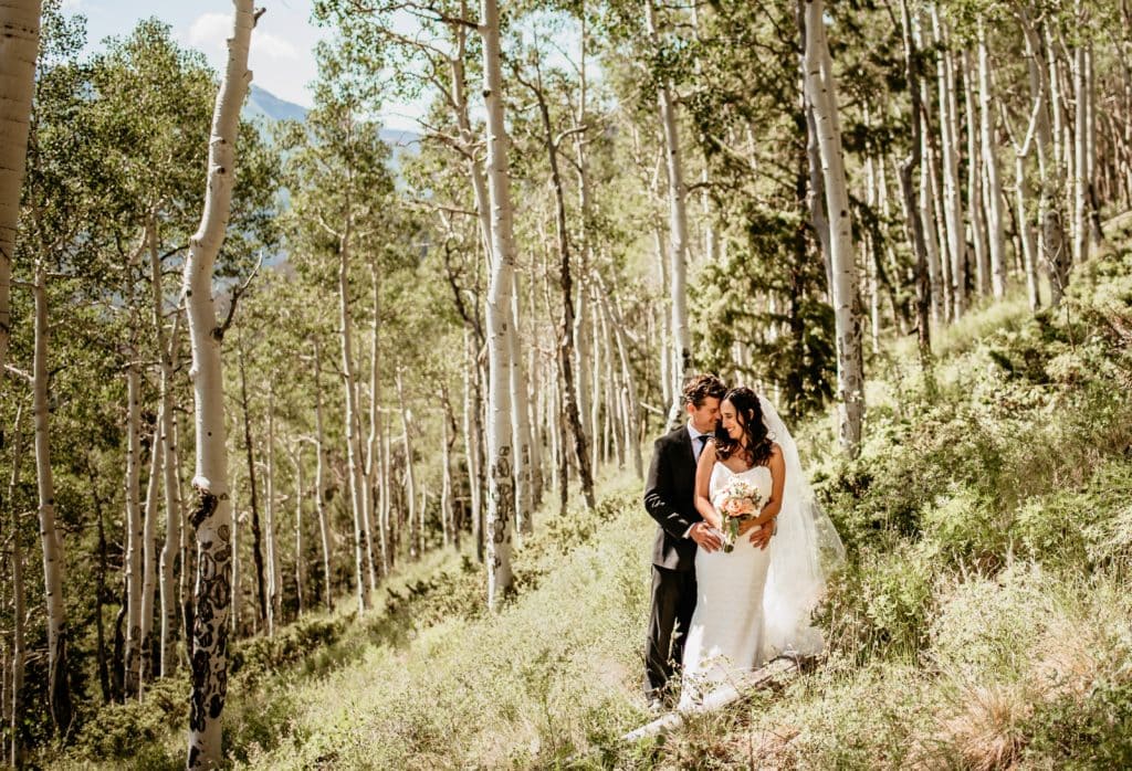 Bride and groom embrace surrounded by aspen grove on mountain in Colorado