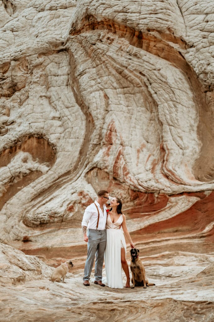 Couple with their dogs during their Arizona elopement
